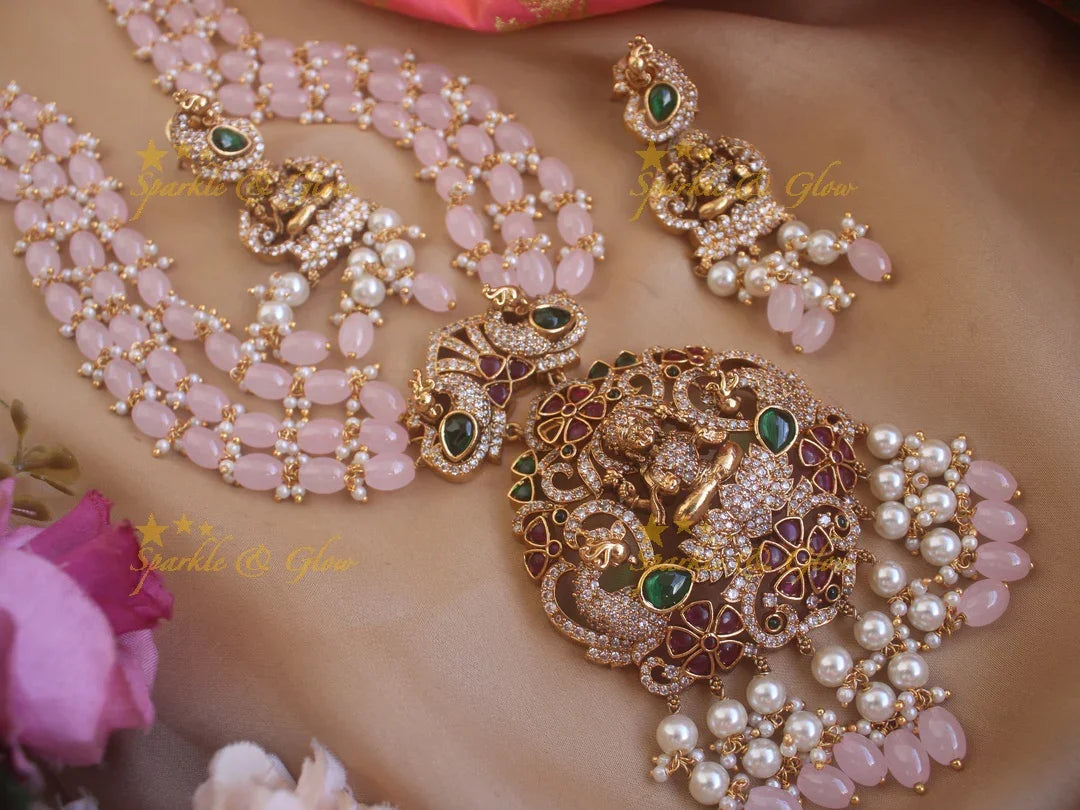 Gorgeous Lakshmi pendent with ruby emerald multi layer beads chain Victorian AD haram - baby pink - Sparkle and Glow