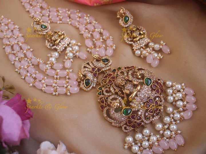 Gorgeous Lakshmi pendent with ruby emerald multi layer beads chain Victorian AD haram - baby pink - Sparkle and Glow