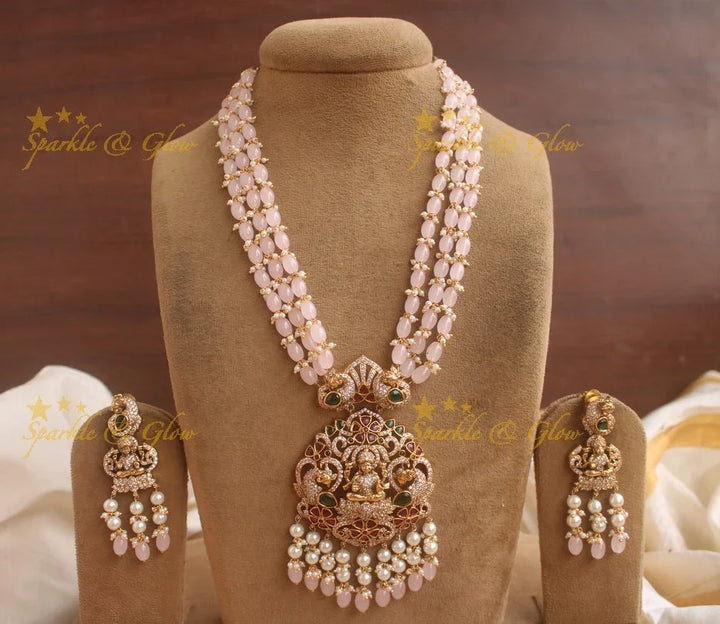 Gorgeous Lakshmi pendent with ruby emerald multi layer beads chain Victorian AD haram - baby pink - Sparkle and Glow