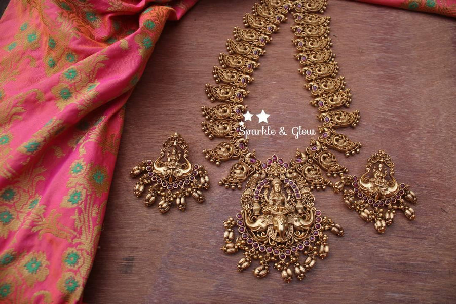 Gold alike antique polished mango design lakshmi haram- Pink - Sparkle and Glow