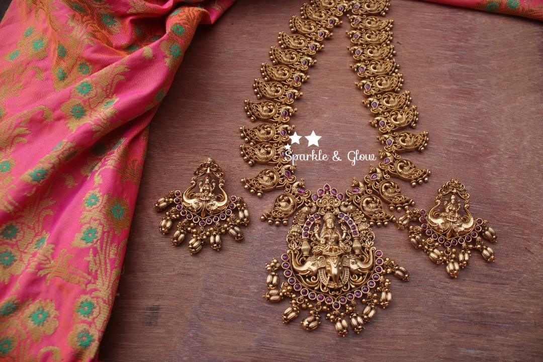 Gold alike antique polished mango design lakshmi haram- Pink - Sparkle and Glow