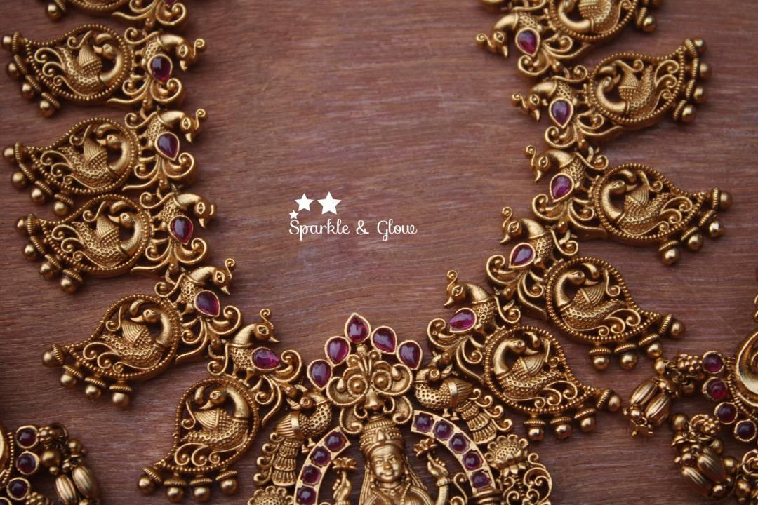 Gold alike antique polished mango design lakshmi haram- Pink - Sparkle and Glow