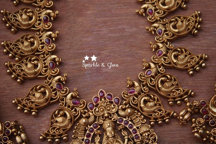 Gold alike antique polished mango design lakshmi haram- Pink - Sparkle and Glow