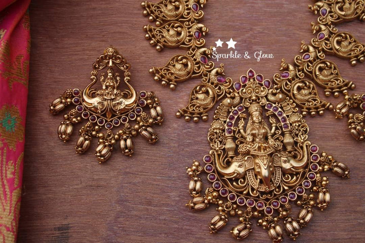 Gold alike antique polished mango design lakshmi haram- Pink - Sparkle and Glow