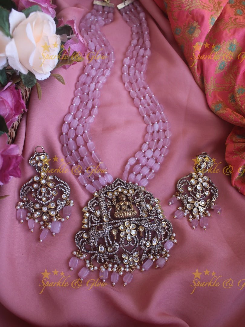 Exquisite Lakshmi carved pendent Victorian AD haram with multi layer beads chain - Sparkle and Glow - Back Thread - 
