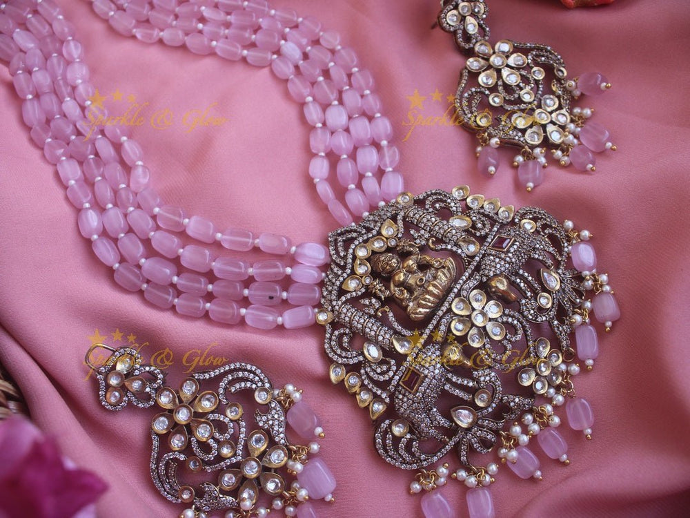 Exquisite Lakshmi carved pendent Victorian AD haram with multi layer beads chain - Sparkle and Glow - Back Thread - 