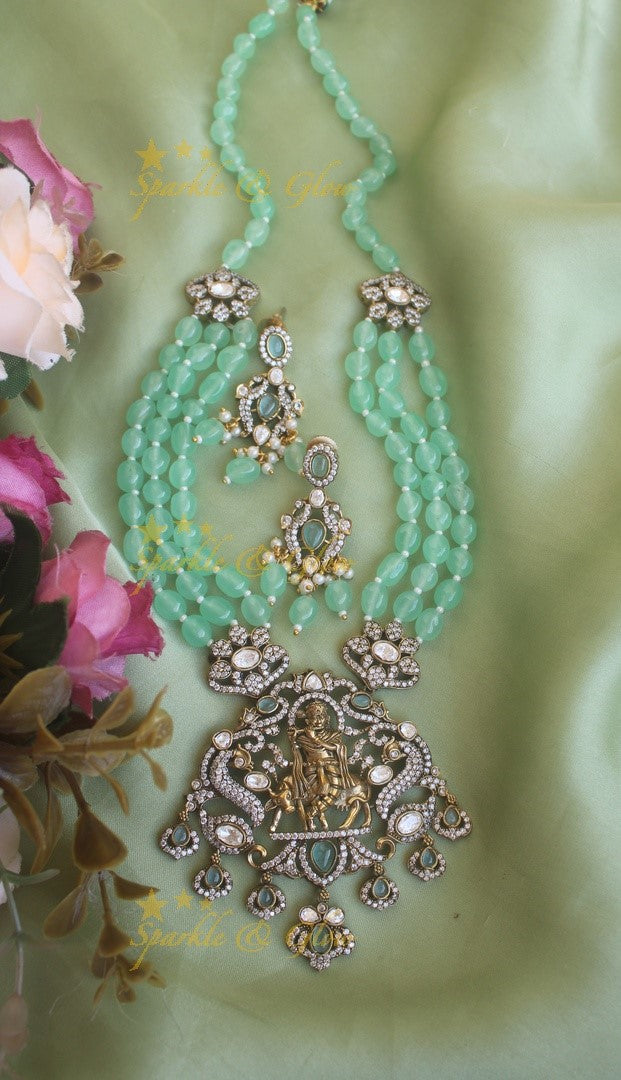 Beautiful Krishna playing flute pendent Victorian AD haram with layered multi colour beads chain - multi