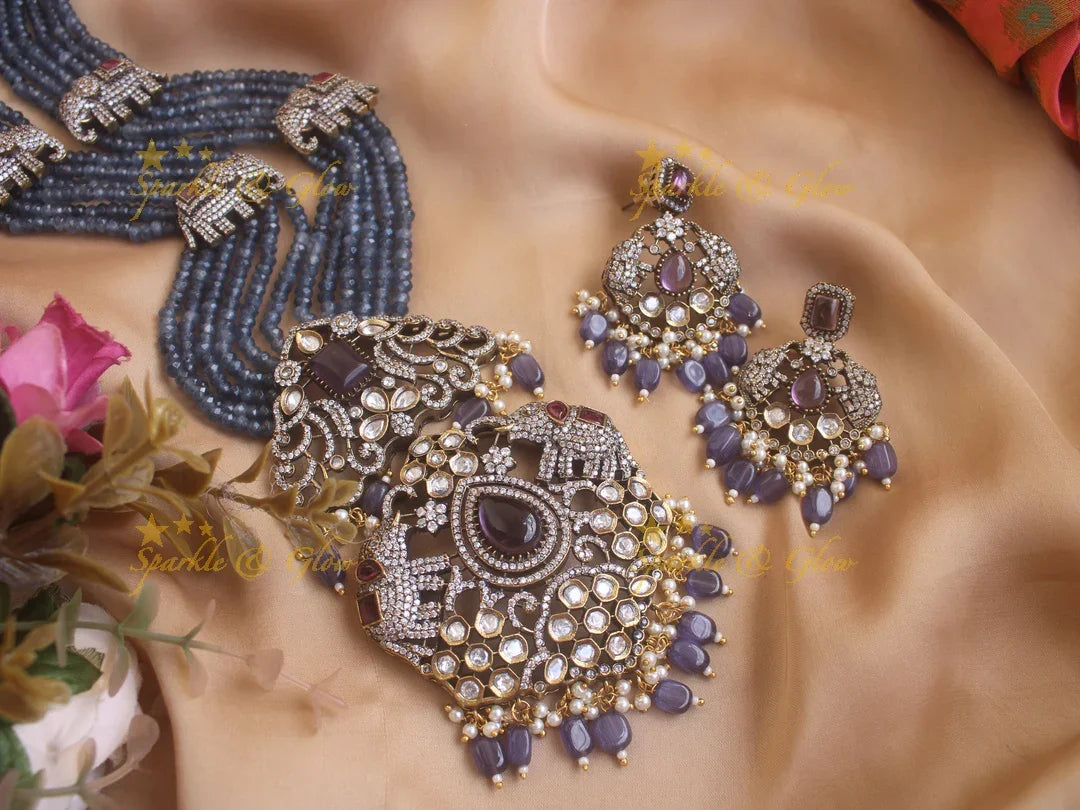 Gorgeous Elephant carved pendent with multi layer blue beads chain Victorian AD haram - blue - Sparkle and Glow