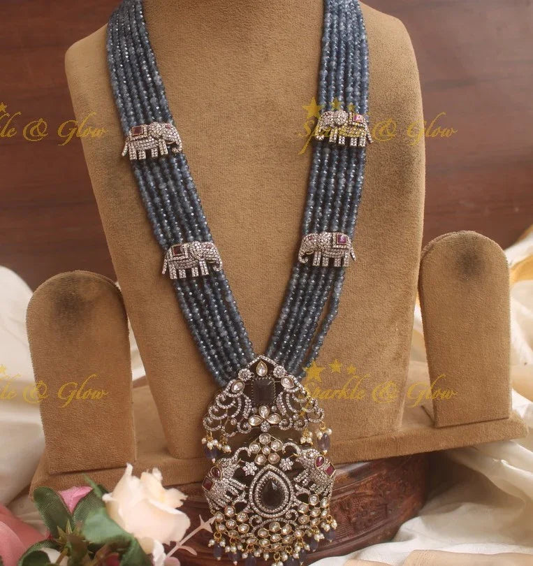 Gorgeous Elephant carved pendent with multi layer blue beads chain Victorian AD haram - blue - Sparkle and Glow