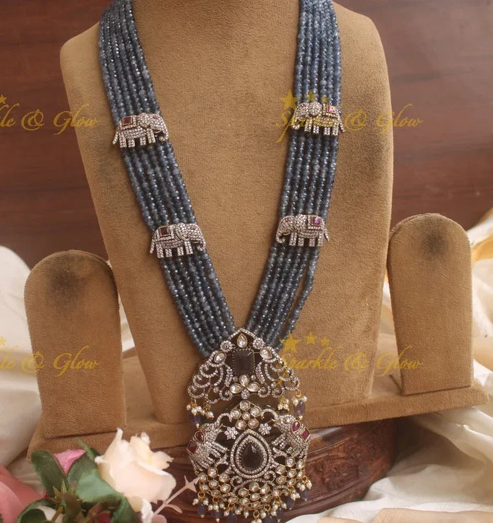 Gorgeous Elephant carved pendent with multi layer blue beads chain Victorian AD haram - blue - Sparkle and Glow