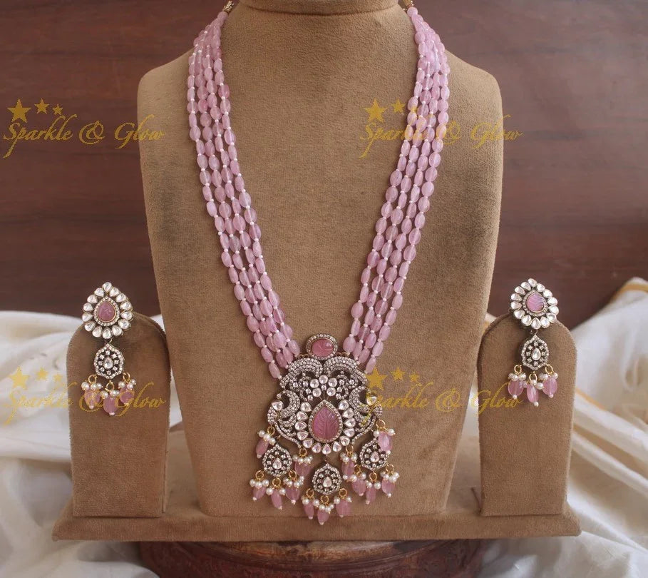 Stunning floral and leaf design pendent Victorian AD haram with multi layer baby pink beads chain - baby pink - Sparkle and Glow