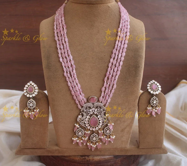 Stunning floral and leaf design pendent Victorian AD haram with multi layer baby pink beads chain - baby pink - Sparkle and Glow
