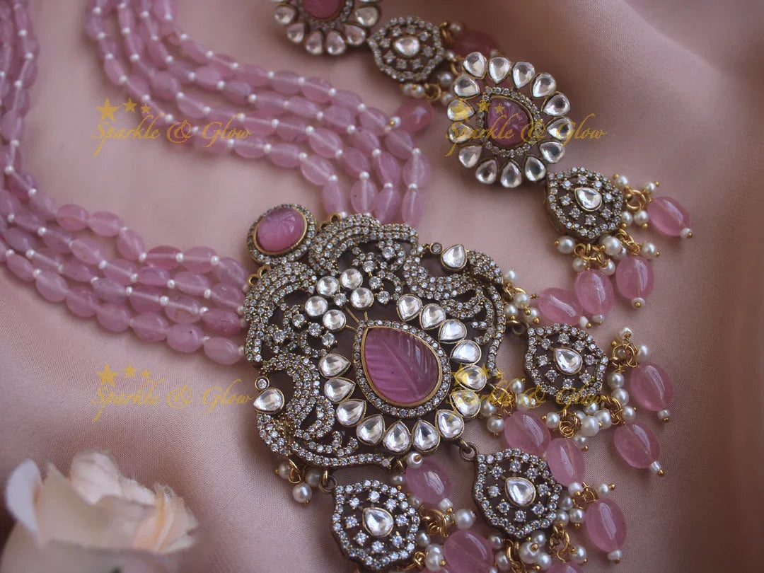 Stunning floral and leaf design pendent Victorian AD haram with multi layer baby pink beads chain - baby pink - Sparkle and Glow