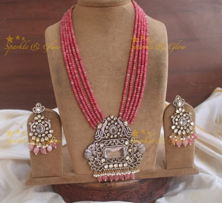 Grand Elephant peacock carved pendent Victorian AD haram with multi layer orange beads chain - Light Pink - Sparkle and Glow