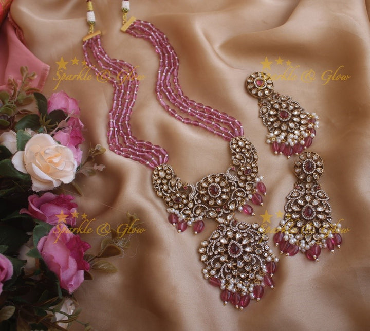 Exquisite grand Peacock pendent Victorian AD haram with multi layer red beads chain - red