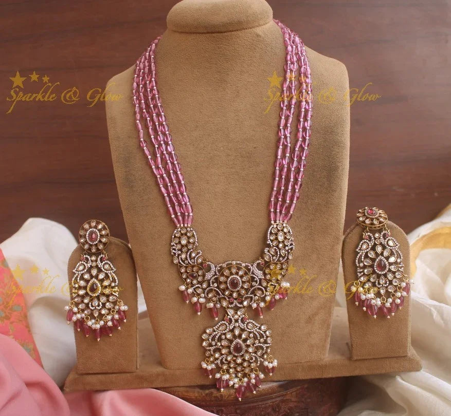 Exquisite grand Peacock pendent Victorian AD haram with multi layer pink beads chain - pink - Sparkle and Glow
