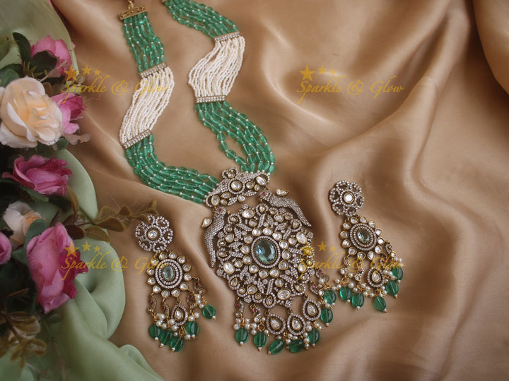 Grand floral pendent Victorian AD haram with multi layer green beads and pearl chain