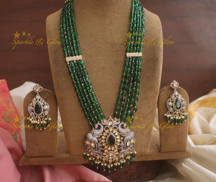 Beautiful Elephant carved pendent Victorian AD haram with multi layer green beads chain - green - Sparkle and Glow