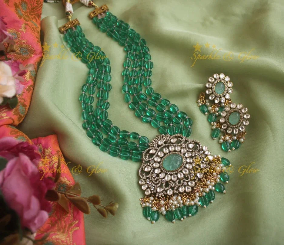 Stunning floral pendent Victorian AD haram with multi layer purple beads chain - purple - Sparkle and Glow