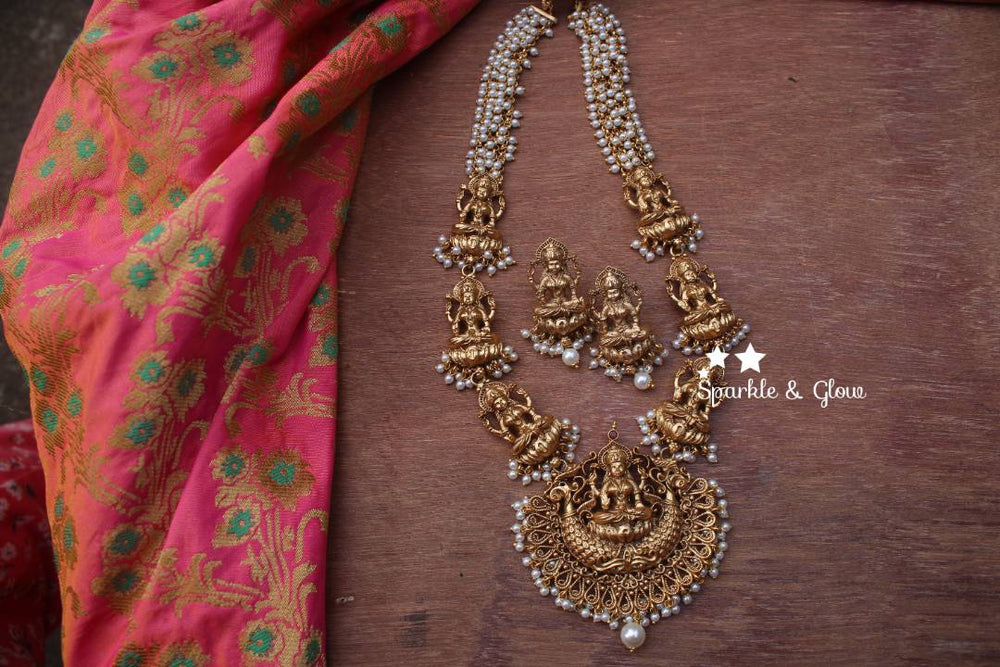 Gold alike green beads cluster lakshmi haram - Sparkle and Glow - Pearl - Back Thread