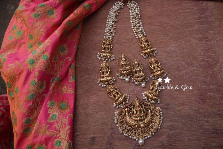 Gold alike green beads cluster lakshmi haram - Sparkle and Glow - Pearl - Back Thread