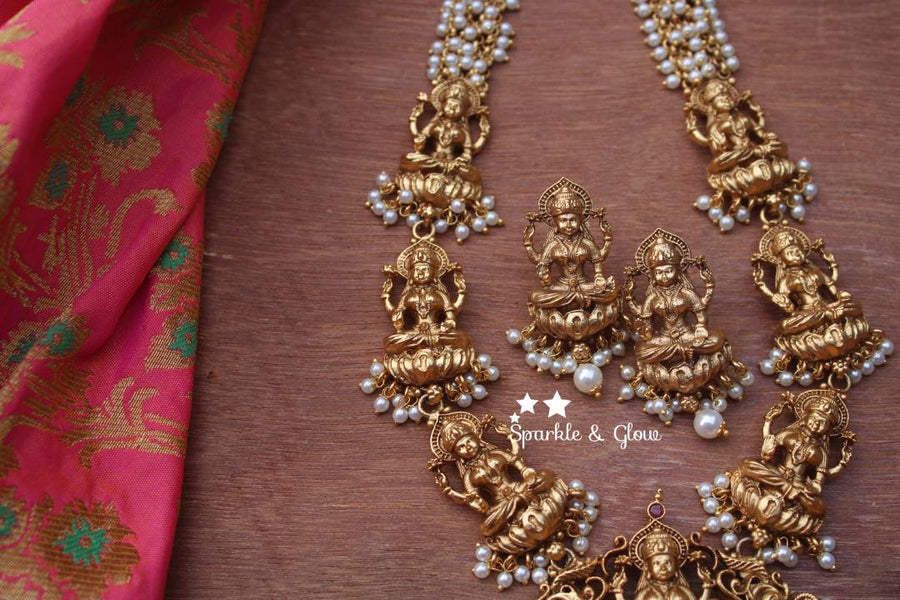 Gold alike green beads cluster lakshmi haram - Sparkle and Glow - Pearl - Back Thread