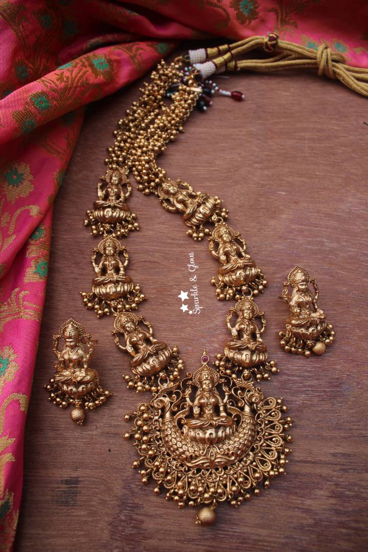 Gold alike green beads cluster lakshmi haram - Sparkle and Glow - Gold - Back Thread
