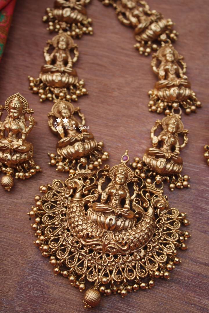 Gold alike green beads cluster lakshmi haram - Sparkle and Glow - Pearl - Back Thread