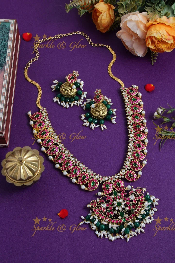 Exclusive Mango floral jadau long necklace with green beads and rice pearls - Sparkle and Glow