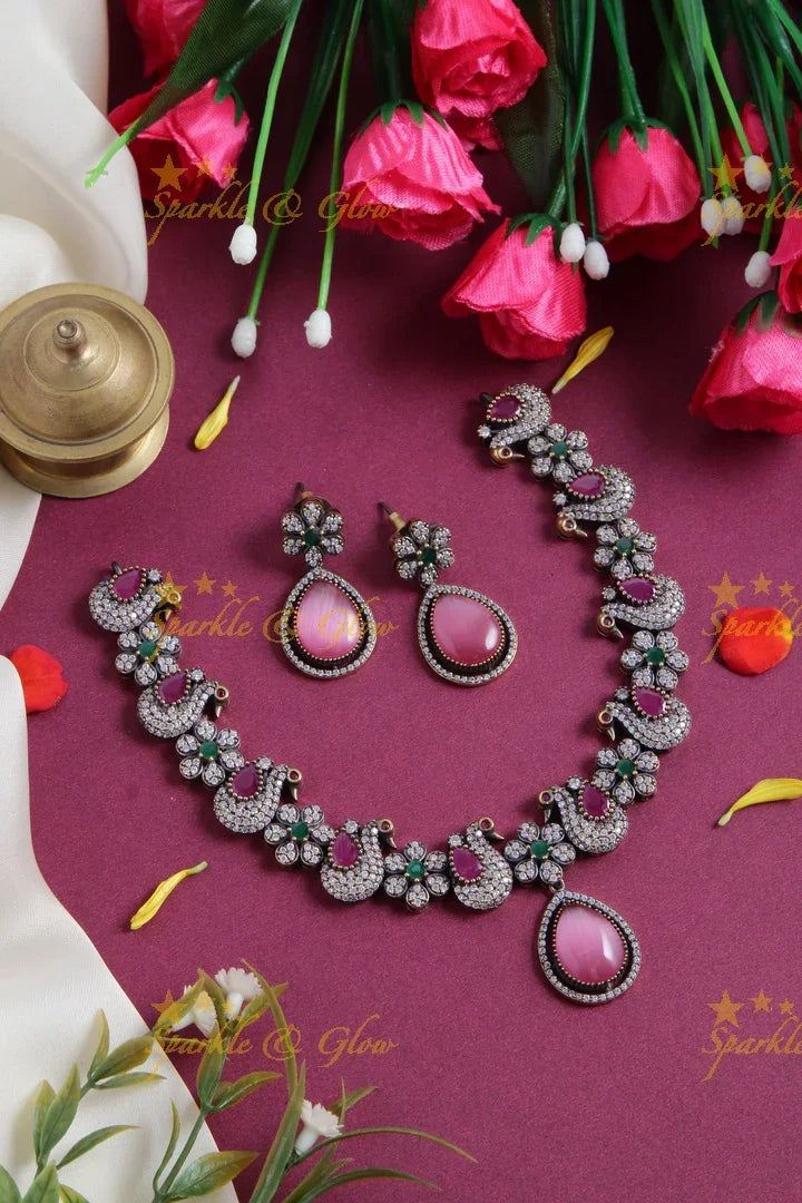 Statement peacock floral black finish Victorian AD choker - Mint green - Sparkle and Glow