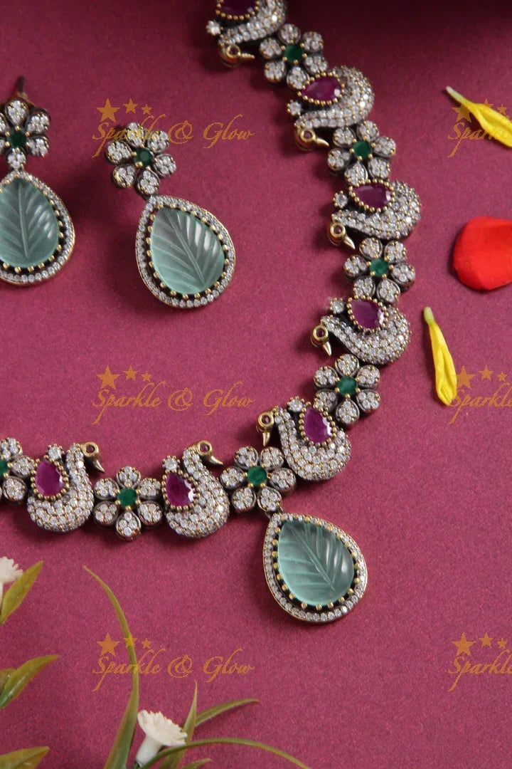 Statement peacock floral black finish Victorian AD choker - Mint green - Sparkle and Glow