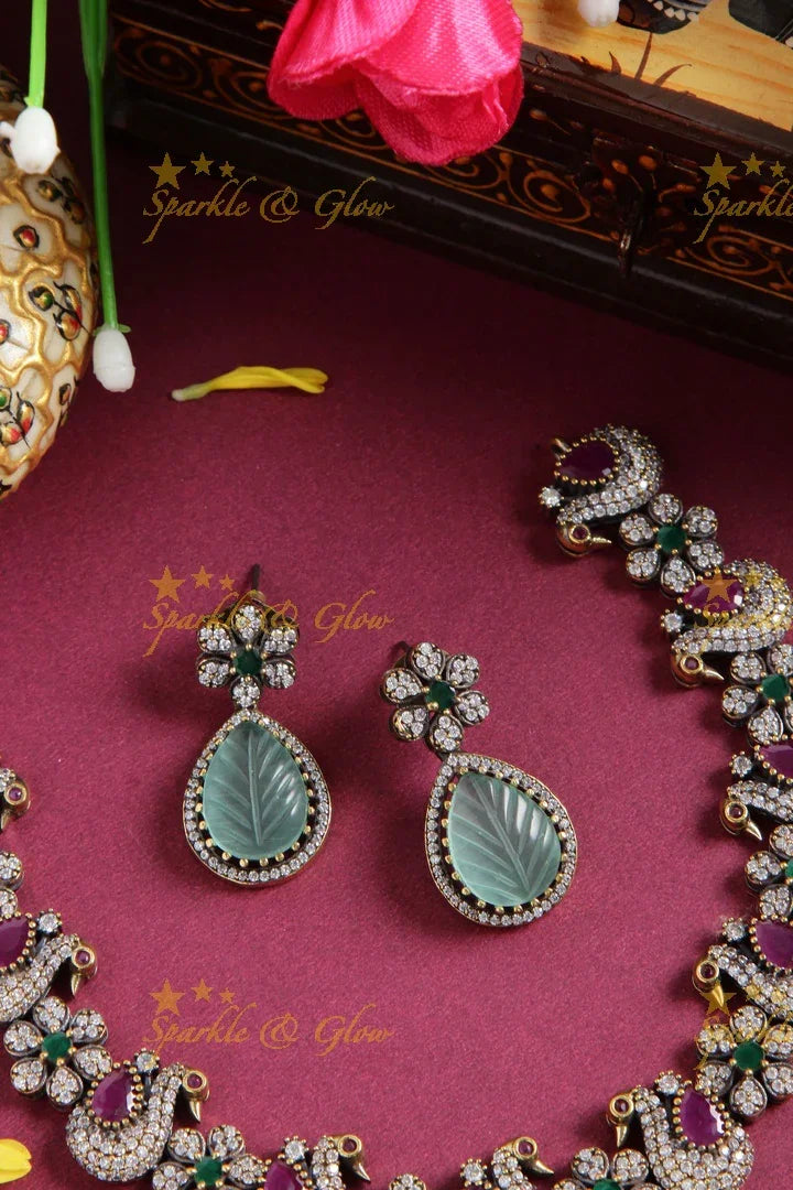 Statement peacock floral black finish Victorian AD choker - Mint green - Sparkle and Glow