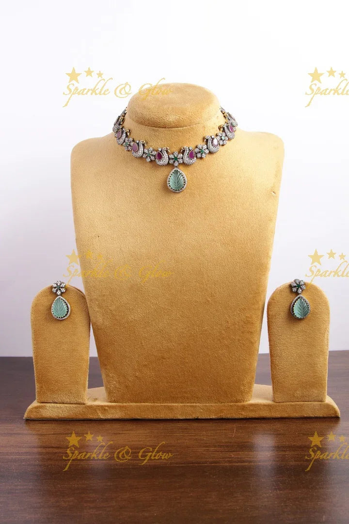 Statement peacock floral black finish Victorian AD choker - Mint green - Sparkle and Glow