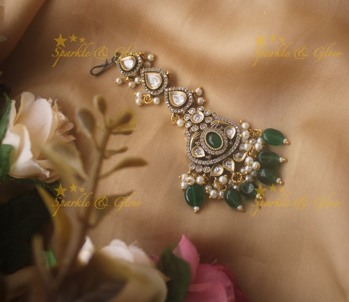 Stunning victorian maang tikka with green stone and green beads