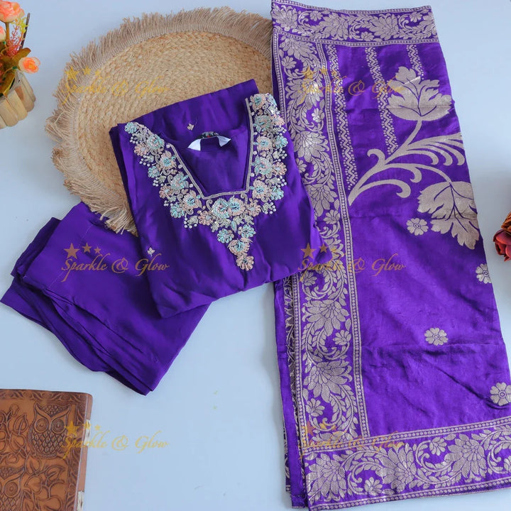 Gorgeous Roman Silk Kurti pant with Banarasi jacquard Dupatta set- Purple - Sparkle and Glow