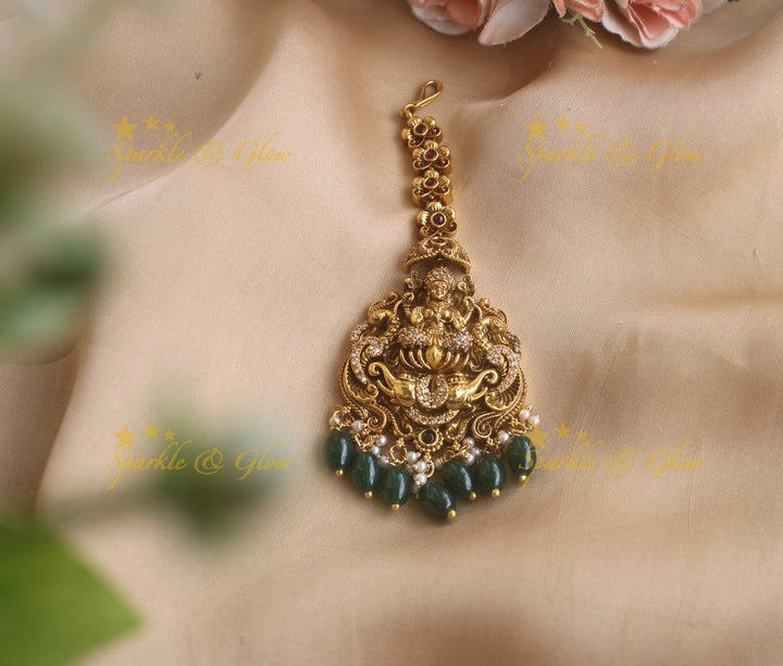 Gold alike Lakshmi peacock elephant maang tikka with cz stones and gold beads