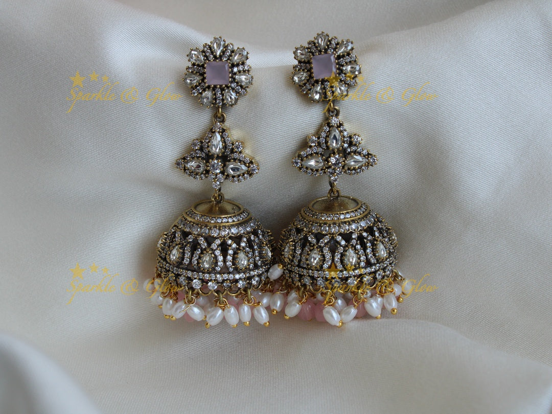 Floral design victorian jhumukas with red stone and red white beads