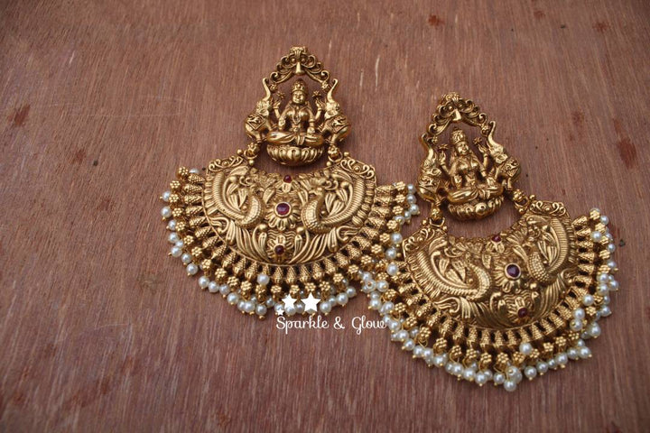 Gold alike Lakshmi festive bali with Gold drops - Sparkle and Glow - Pearl - 