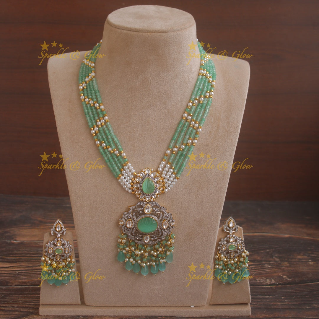 Statement floral pendent Victorian AD haram with multi layer pearl and mint green chain
