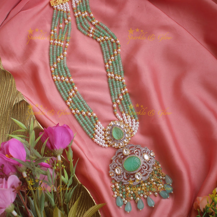 Statement floral pendent Victorian AD haram with multi layer pearl and mint green chain