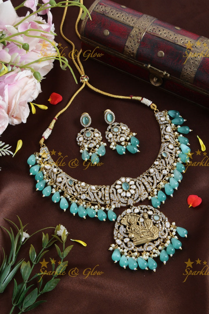 Gorgeous Lakshmi Narayan pendent Victorian AD short necklace with sea blue beads