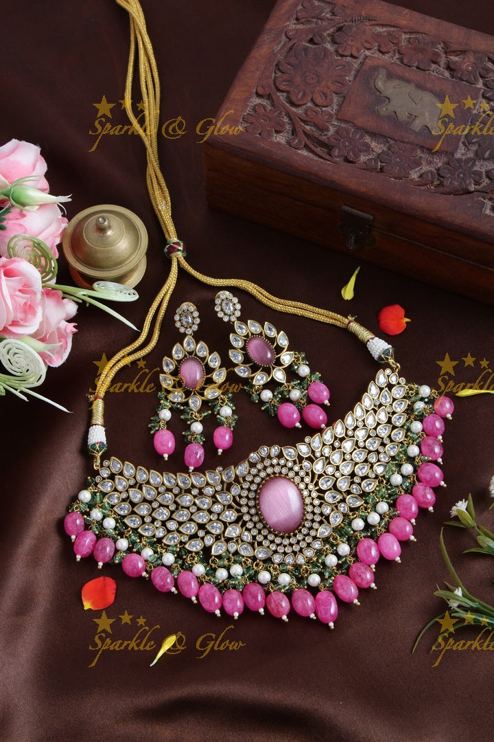 Grand leaf design Victorian AD choker with purple beads - purple