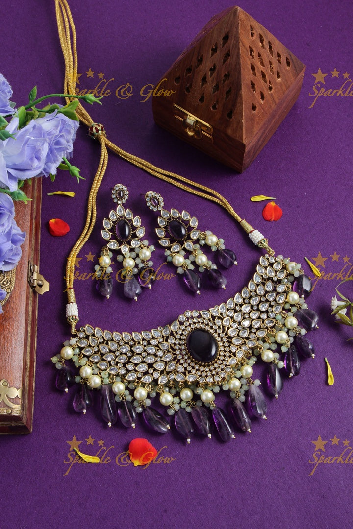 Grand leaf design Victorian AD choker with purple beads - purple