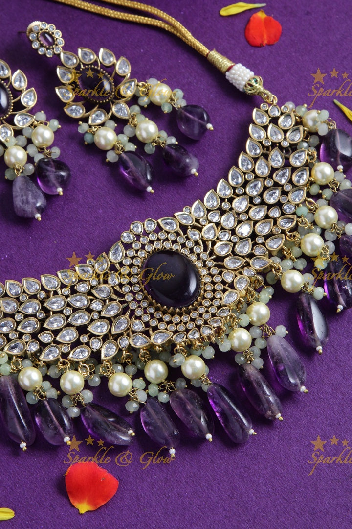 Grand leaf design Victorian AD choker with purple beads - purple