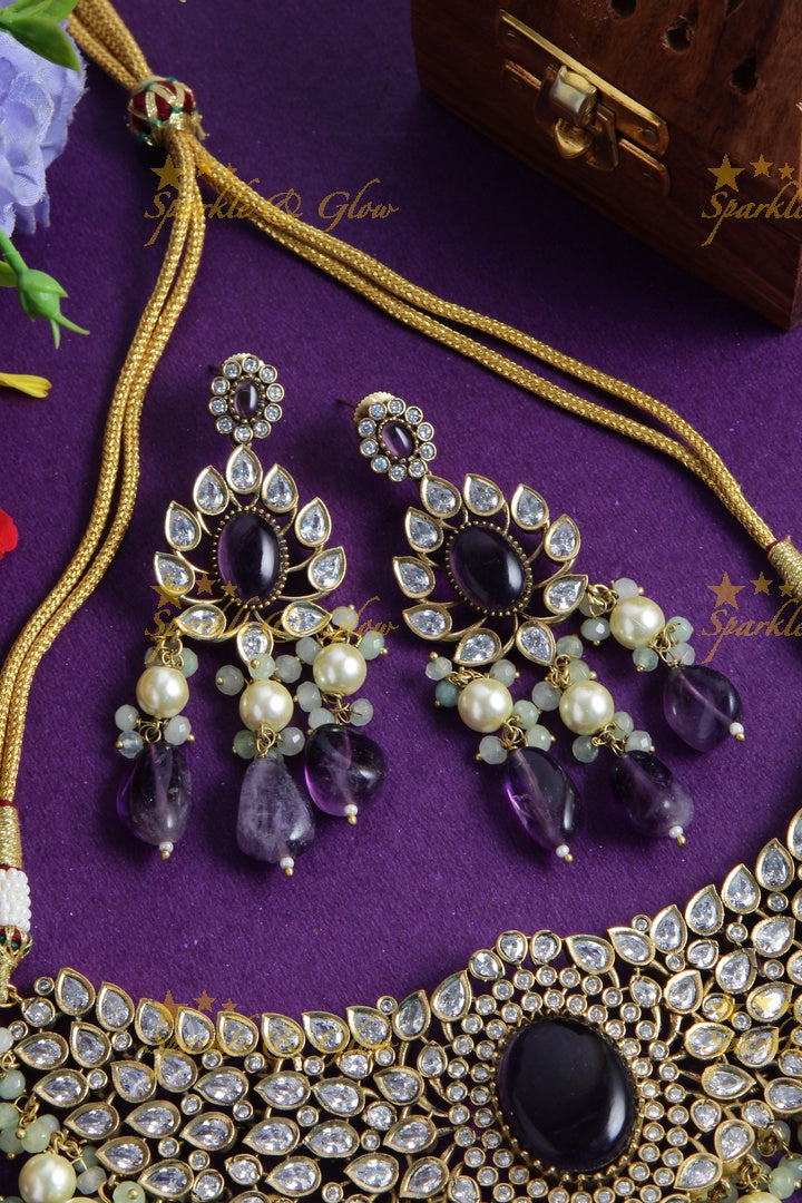 Grand leaf design Victorian AD choker with purple beads - purple