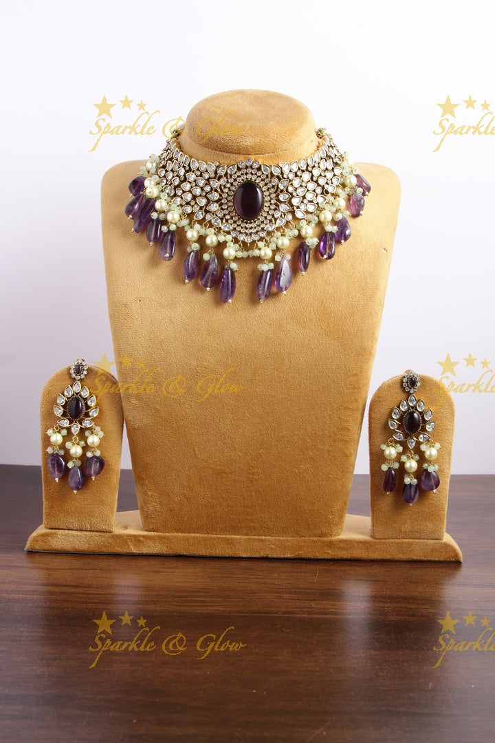 Grand leaf design Victorian AD choker with purple beads - purple