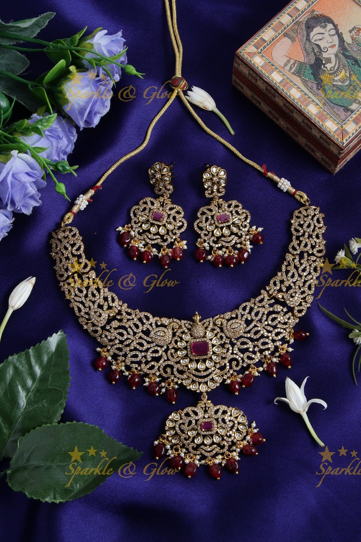 Stunning Peacock desogn Victorian AD short necklace with pearls and baby pink beads - baby pink