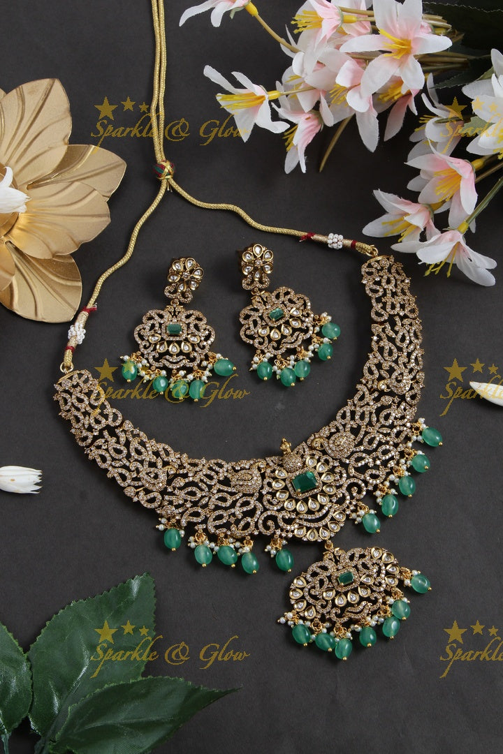 Stunning Peacock desogn Victorian AD short necklace with pearls and baby pink beads - baby pink