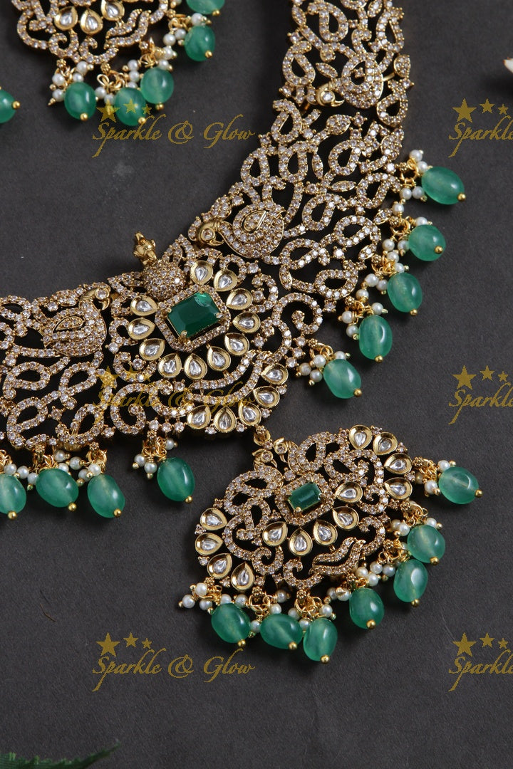 Stunning Peacock desogn Victorian AD short necklace with pearls and mint green beads - mint green