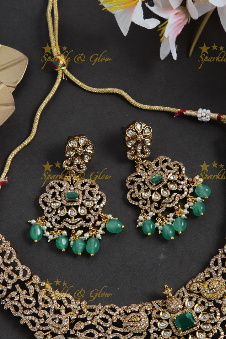 Stunning Peacock desogn Victorian AD short necklace with pearls and mint green beads - mint green